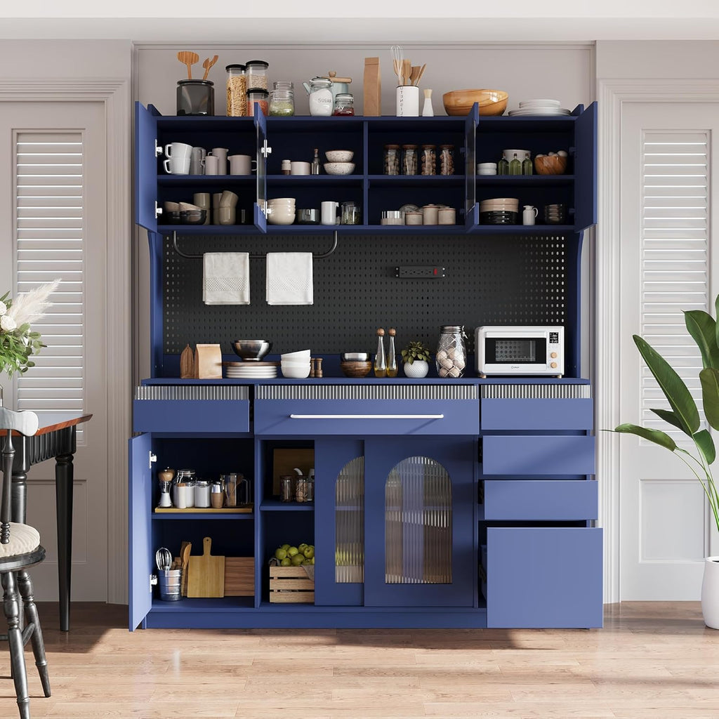 Merax Freestanding 63" W Buffet with Hutch, Large Coffee Bar Storage Cabinet with 6 Drawers, 5 Cabinets with Adjustable Shelves, Pegboard, Towel Rack, Blue