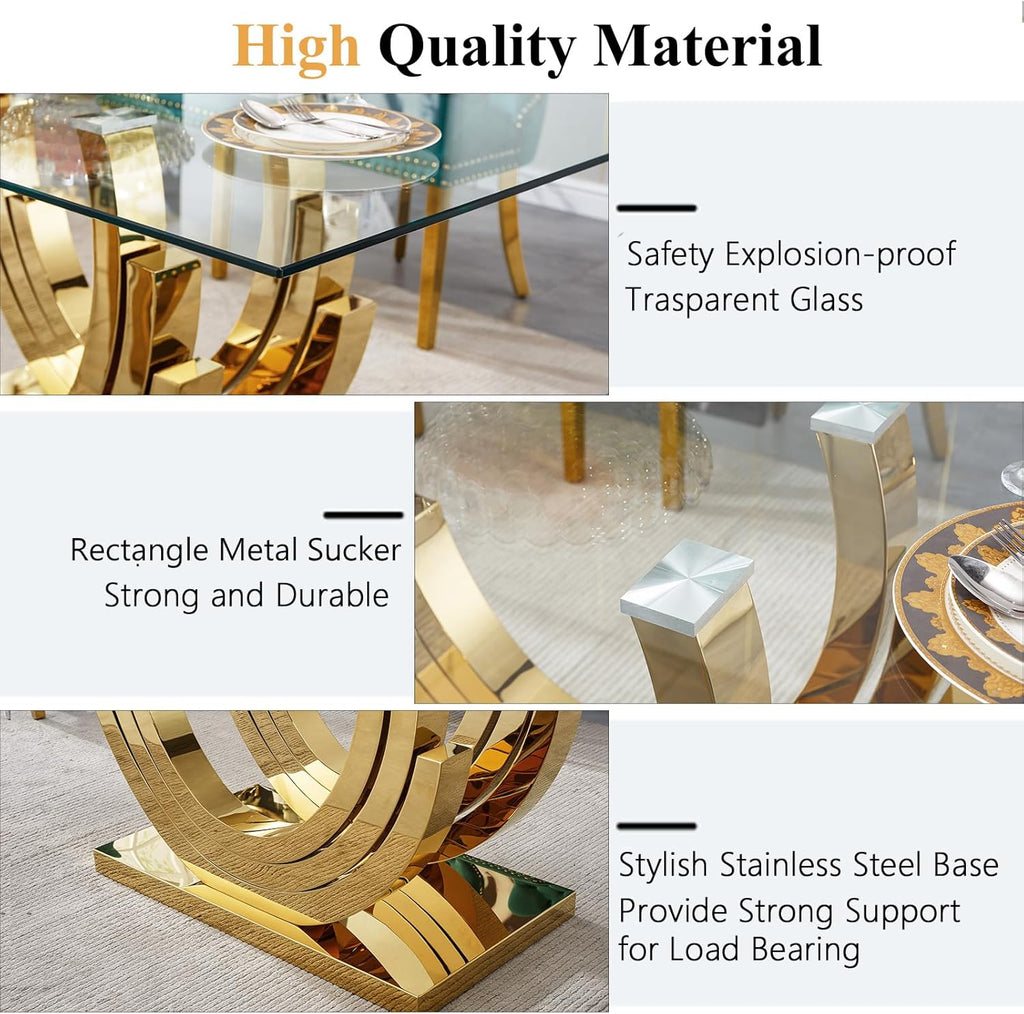 70 inch Tempered Glass Dining Table, Rectangular Glass Kitchen Table with Gold Stainless Steel C Shape Base, 4 to 6 Seater, Modern Dining Room Table for Daily Meals, Dinner Party, Family Gathering