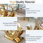 70 inch Tempered Glass Dining Table, Rectangular Glass Kitchen Table with Gold Stainless Steel C Shape Base, 4 to 6 Seater, Modern Dining Room Table for Daily Meals, Dinner Party, Family Gathering