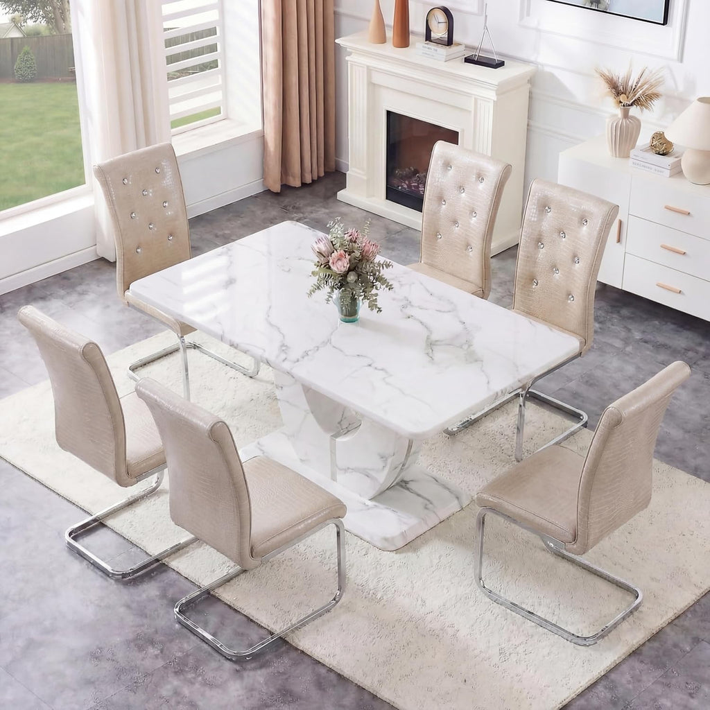 Dining Table Set for 6, Kitchen Table Chairs Set of 6, Modern Dining Room Set 63'' Marble Dinner Table PU Leather Upholstered Chairs for Kitchen (Beige-cro)