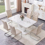 Dining Table Set for 6, Kitchen Table Chairs Set of 6, Modern Dining Room Set 63'' Marble Dinner Table PU Leather Upholstered Chairs for Kitchen (Beige-cro)