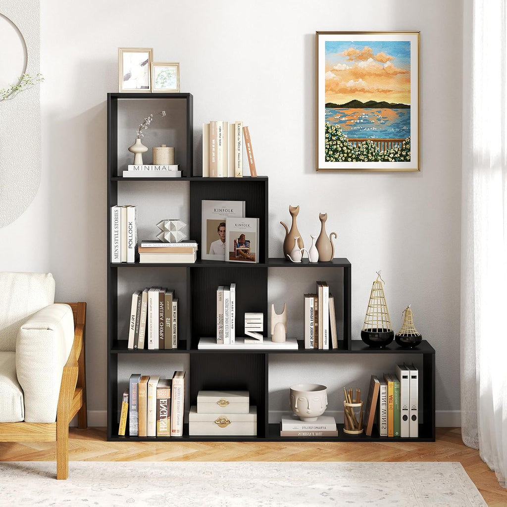 Tangkula 4-Tier Stepped Bookshelf, Freestanding 6 Cubes Ladder Bookcase with Anti-Tipping Kits, 64" Tall Modern Wooden Storage Display Rack for Home Office Living Room Study (1, Black)