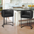 LUE BONA 26.4" H Counter Height Bar Stools Set of 2, Modern Barrel Counter Stools with Supporting Backrest and Arms, Black Metal Frame, Faux Leather Upholstered Barstools for Kitchen Islands, Black