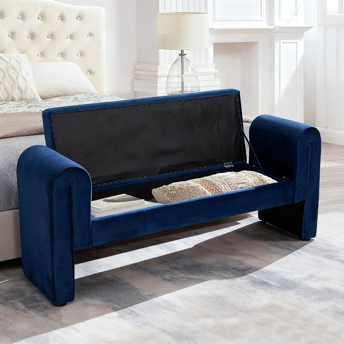 60.5" End of Bed Bench, Velvet Bedroom Bench,King Bed Bench,with 2 Pillows,Upholstered Bench,Suitable for End of Bed, Entryway Living Room,Bedroom. (Velvet Blue)