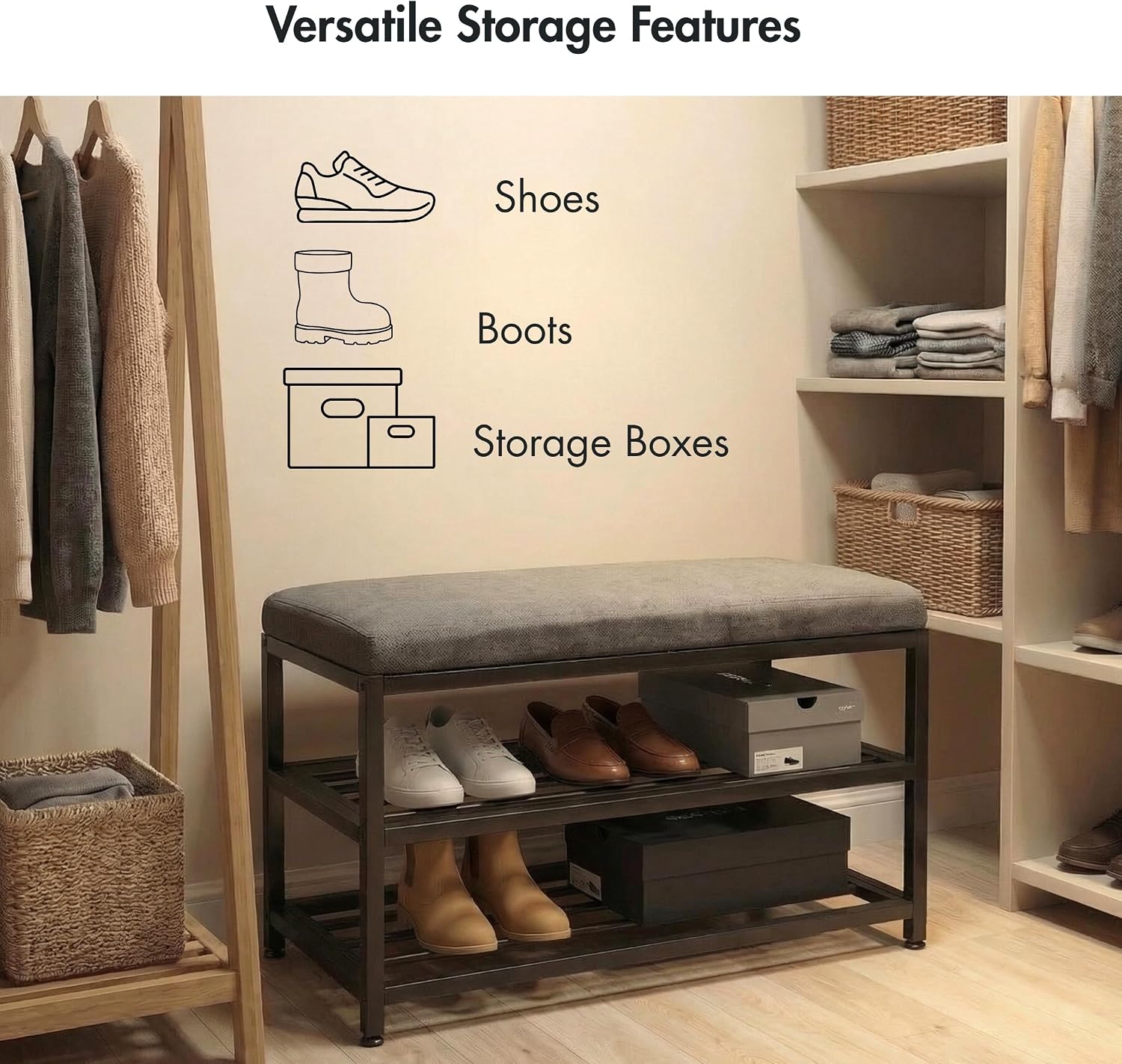 Luxe L 100% Faux Fur Shoe Storage Bench for Entryway, Compact Bench with Multi-Tier Shoe Rack, Space-Saving Small Entryway Bench with Storage Shelf, Ideal for Living Room, Hallway - Charcoal