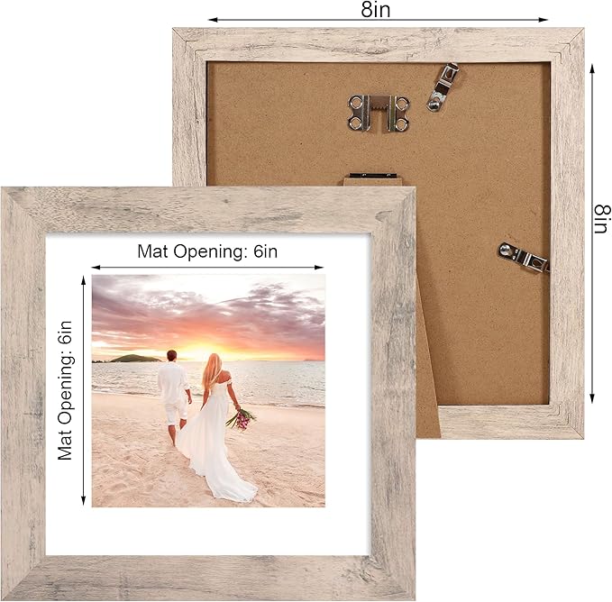 8x8 Picture Frames Set of 4 with High Definition Real Glass, Smoke Gray Frame Display 6x6 Pictures with Mat or 8 x 8 Without Mat, Wood Square Photo Frame for Wall Mount and Tabletop Display