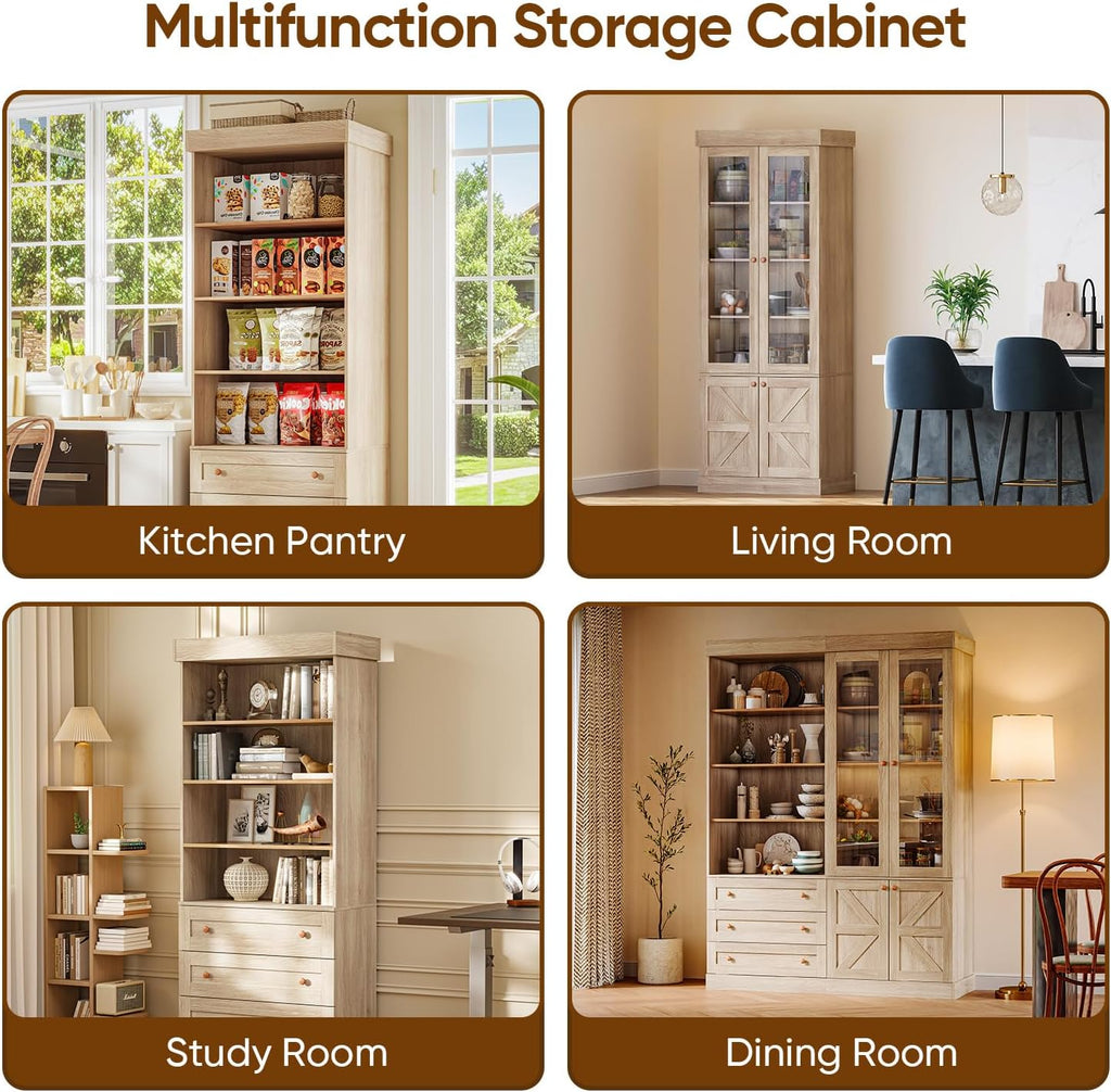71" Tall Farmhouse Kitchen Pantry, Large Storage Cabinet with Glass Doors, Adjustable Shelves, 3 Drawer, Wood Versatile Hutch Cabinet for Dining Room, Living Room，Brown，4pcs