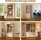 71" Tall Farmhouse Kitchen Pantry, Large Storage Cabinet with Glass Doors, Adjustable Shelves, 3 Drawer, Wood Versatile Hutch Cabinet for Dining Room, Living Room，Brown，4pcs
