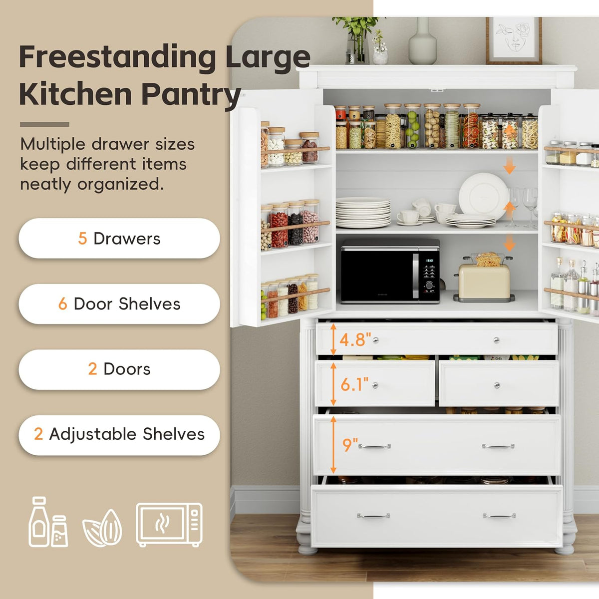 Freestanding 77.3" Tall Storage Cabinet, Wooden Pantry，White | Retro Large Kitchen Pantry, 2 Adjustable Shelves, 5 Drawers, 6 Door Shelves
