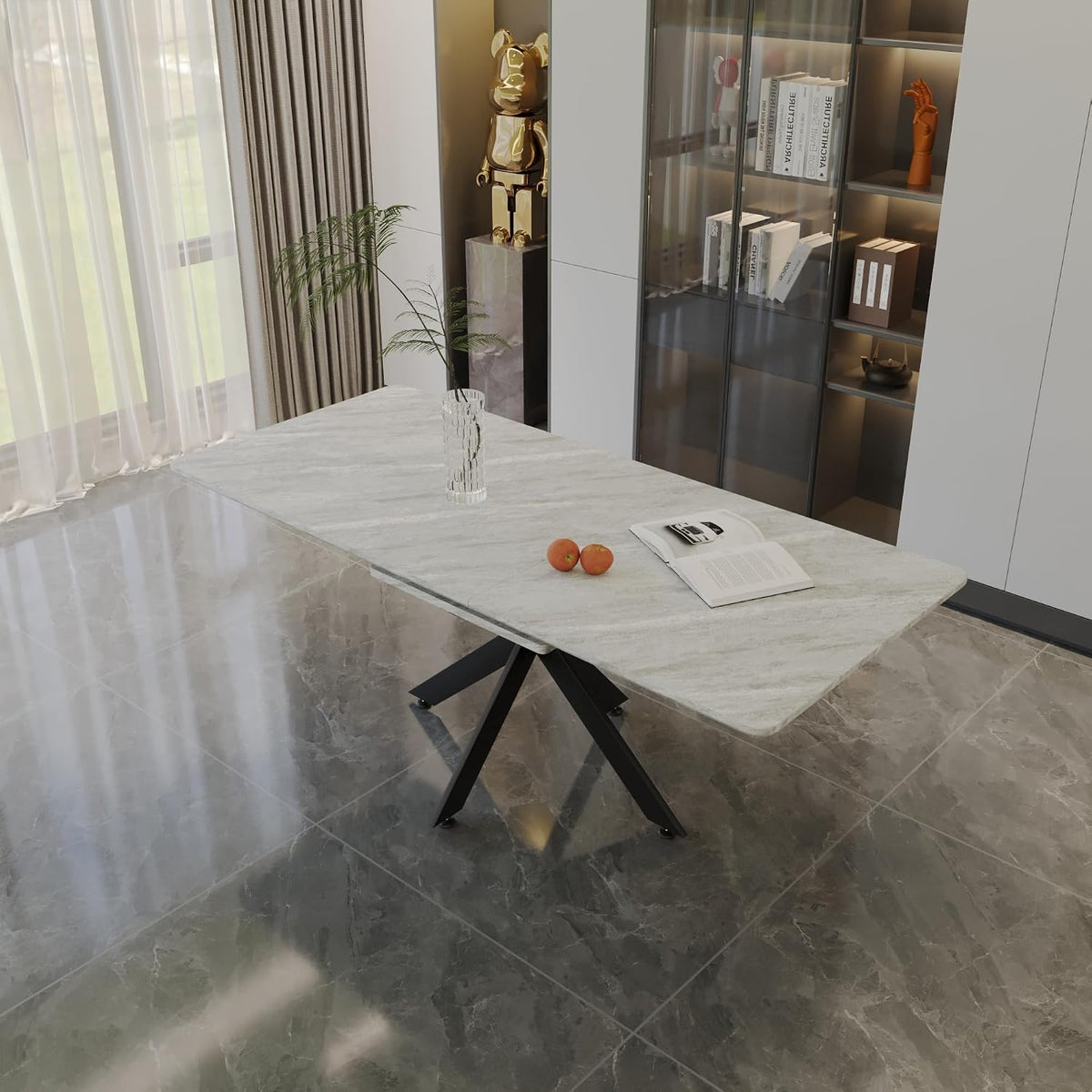 Extendable Dining Table, Modern Dining Table with Metal Leg, 62.4‘’-78.15‘’ Kitchen Table for 6-8 People, Space Saving Rectangular Kitchen Table for Office, Kitchen, Dining Room