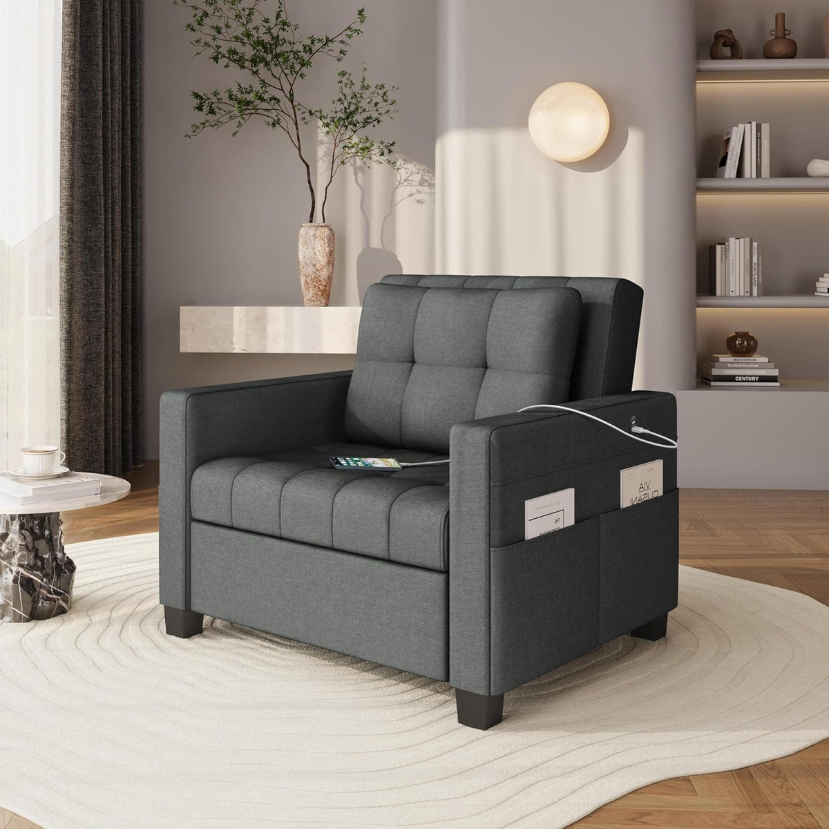 Yaheetech Convertible Futon Sofa Bed 3-in-1 Sleeper Chair Bed Tufted Couch with Adjustable Backrest, 2 USB Ports for Living Room Bedroom Small Space, Dark Gray