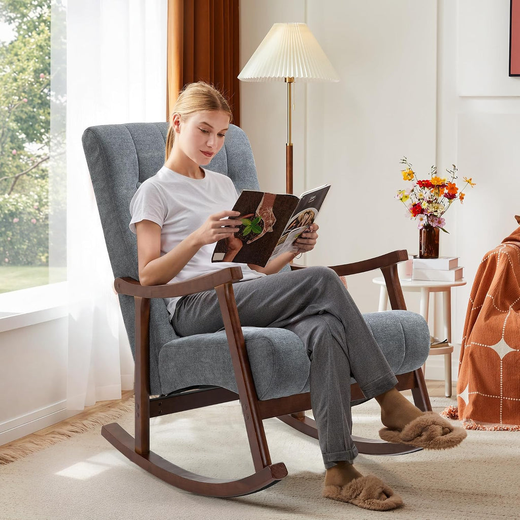 AVAWING Rocking Chair, Dark Grey Upholstered High Back Solid Wood Armchair | Soft Fabric Padded Seat; Sturdy Solid Wood Frame; Ergonomic High Back; For Adults; Easy Assembly; Living Room Bedroom Leisure