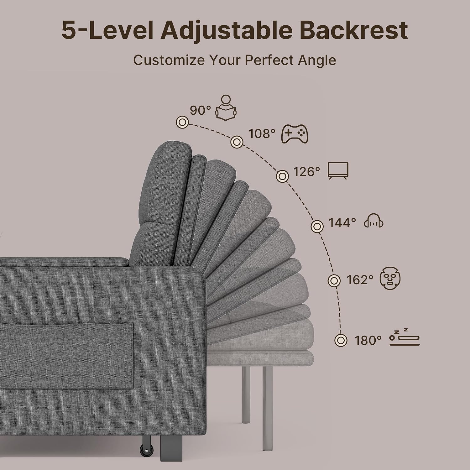 Gizoon Convertible Sofa Bed Modern Couch Bed & Small Loveseat Sleeper, Grey | 3 in 1 Pull out Couch, Space-Saving Design, 5-Position Adjustable Futon Sofa Bed for Living Room, Apartment, Guest Room