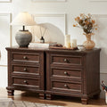 SAVOR LIFE 3-Drawer Nightstand Set of 2 with Solid Wood Legs,Walnut | Pair of three-drawer bedside tables with sturdy square wood legs for matching bedroom storage or living-room end tables