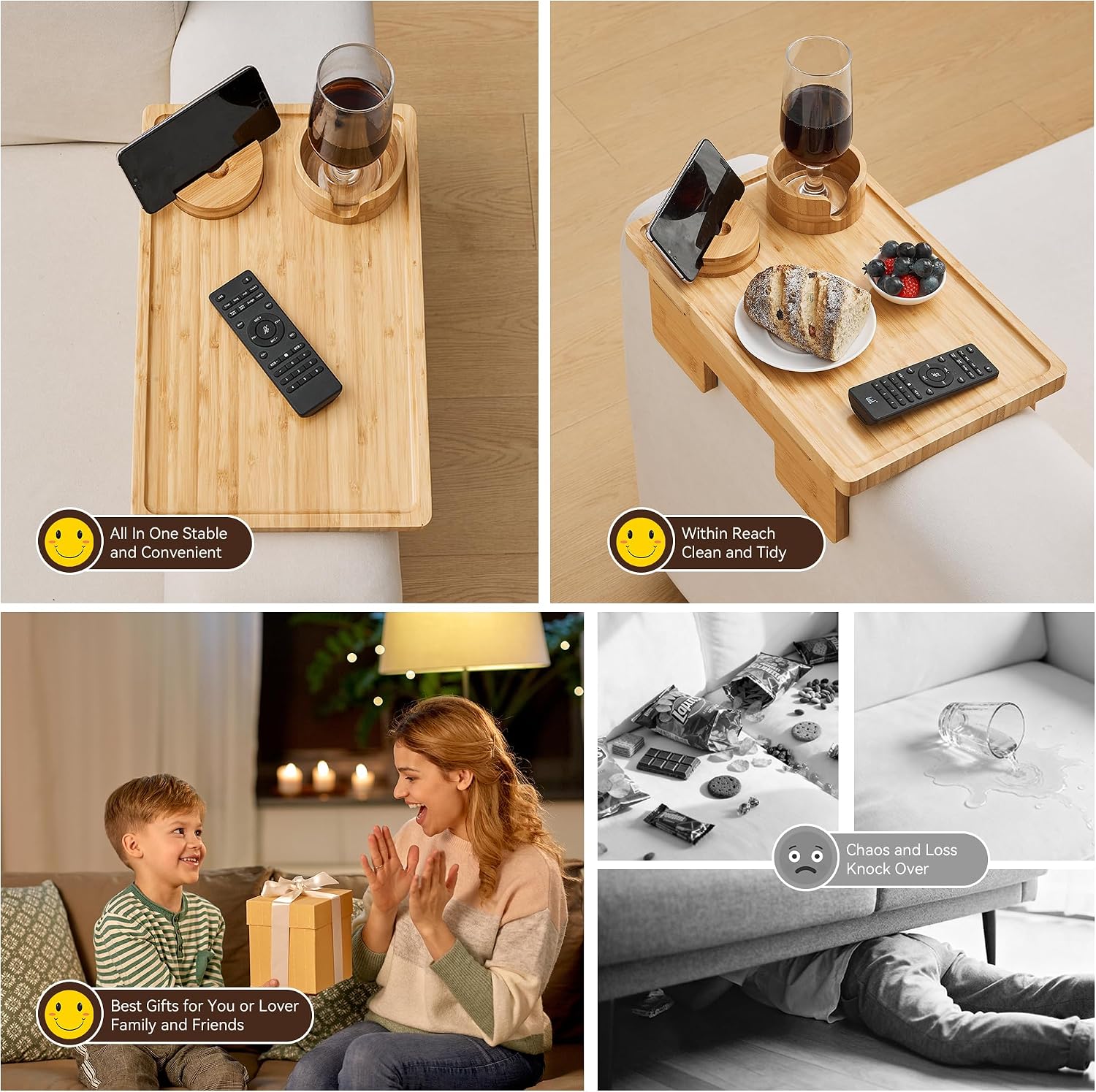 GEHE Real Bamboo Couch Armrest Table, 15.4"x9.8" Couch Arm Tray Table, 3 in 1 Removable Sofa Cup Holder wtih 360° Rotated Phone Holder, Clip on Armrest Tray for Drinks, Snacks, Phone, Control