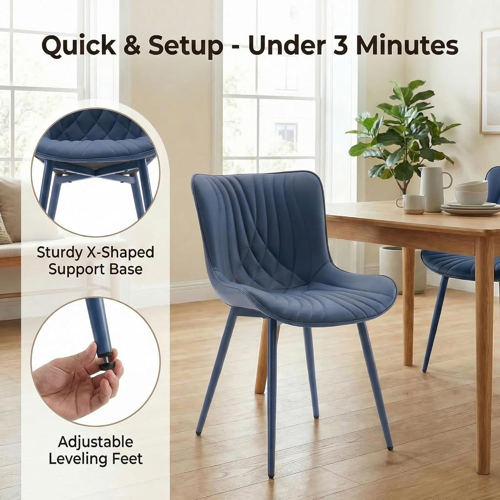 Kidol & Shellder Dining Chairs Set of 2, Mid Century Modern Kitchen Chairs with Metel Legs, PU Leather Upholstered Side Chair for Dining Room, Living Room, Lounge, Restaurant, Navy Blue