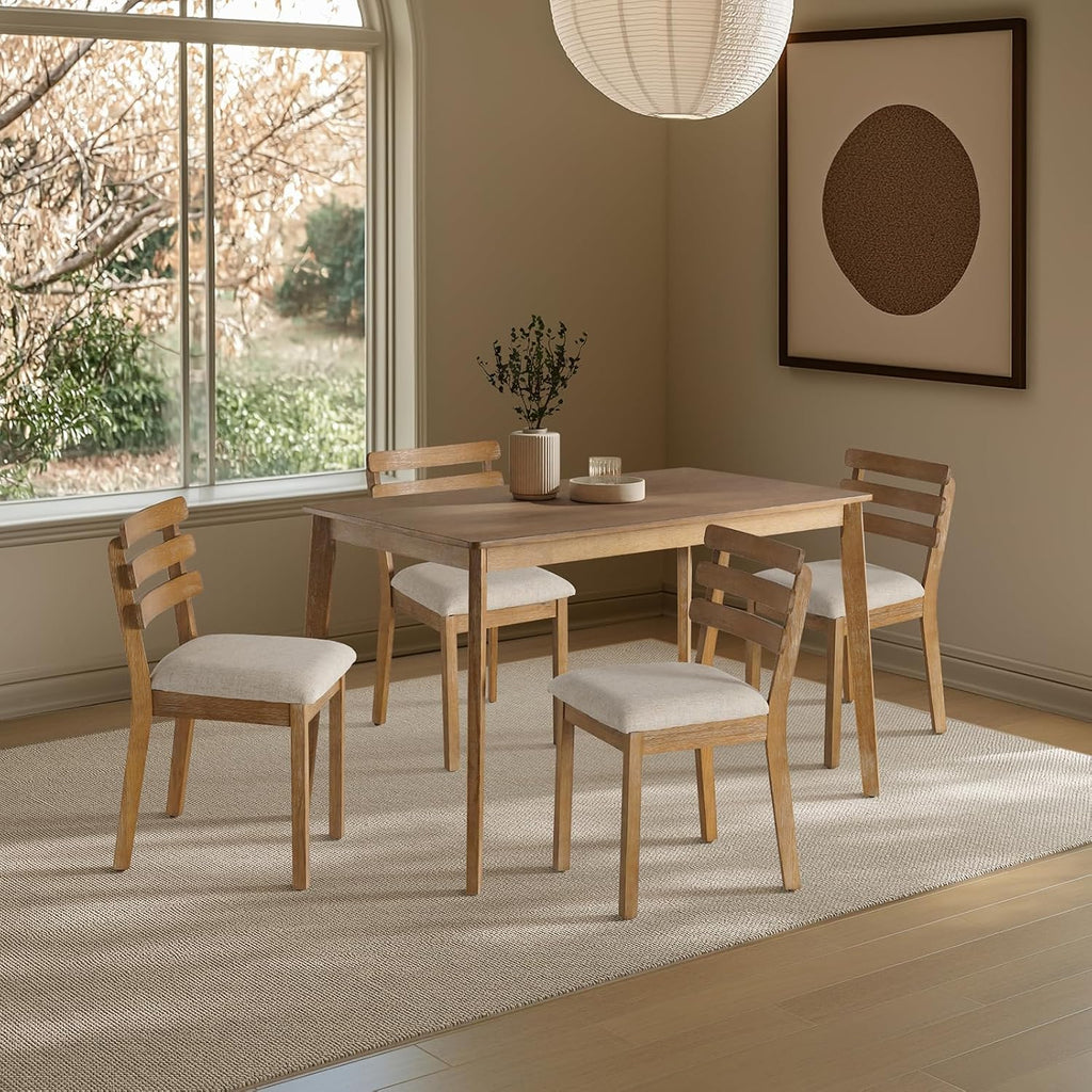 Farmhouse Dining Table Set for 4, Wooden Kitchen Table & Solid Wood Chairs | 4 Upholstered Chairs, Modern Rectangular Dining Room Table and Chairs for Kitchen, Small Spaces, Rubberwood Legs, 5-Piece