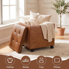 15 inch Square Storage Ottoman with Wheels and Tray Lid, Faux Leather Tufted Storage Cube Coffee Table, Movable Ottoman with Hidden Storage for Living Room, Bedroom