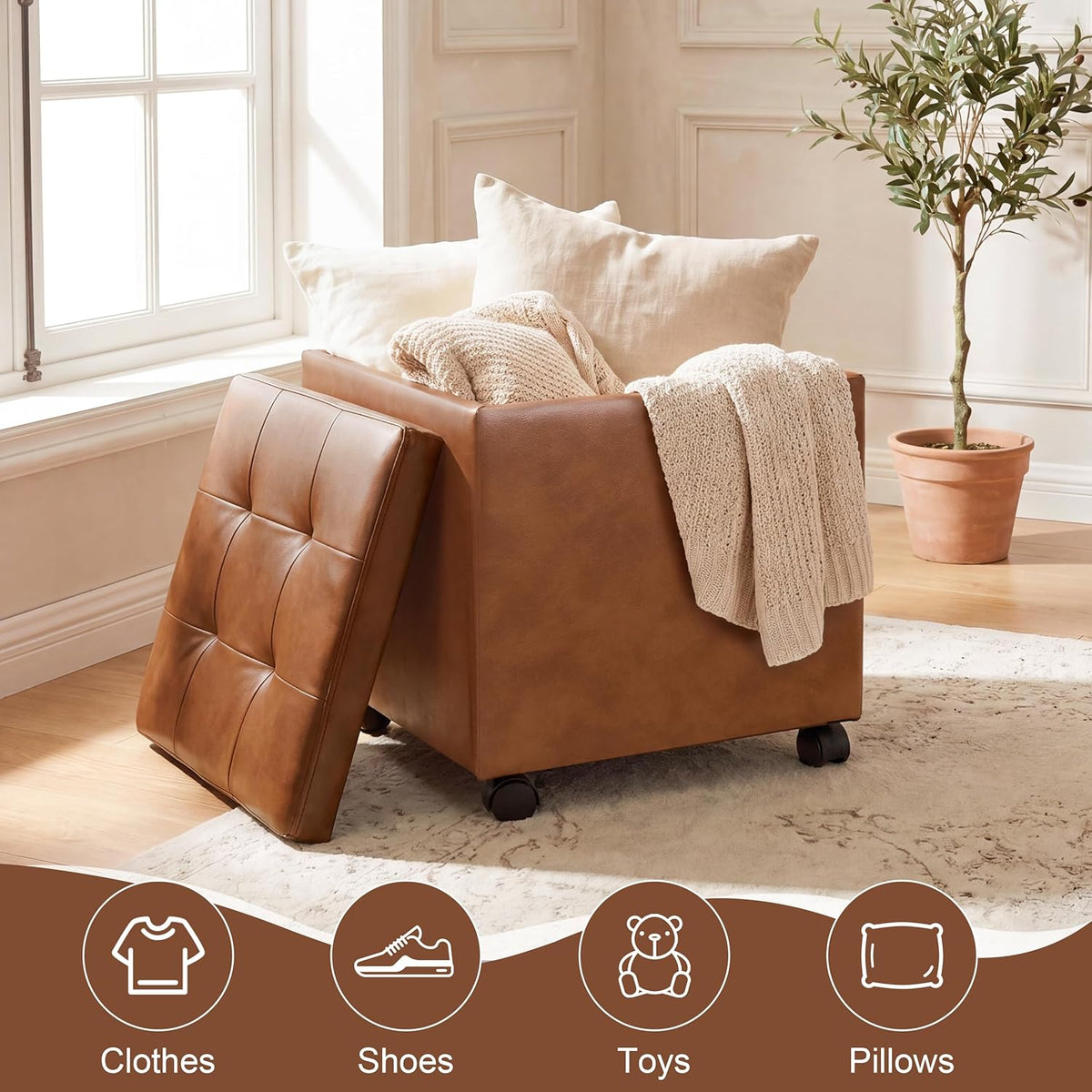 15 inch Square Storage Ottoman with Wheels and Tray Lid, Faux Leather Tufted Storage Cube Coffee Table, Movable Ottoman with Hidden Storage for Living Room, Bedroom