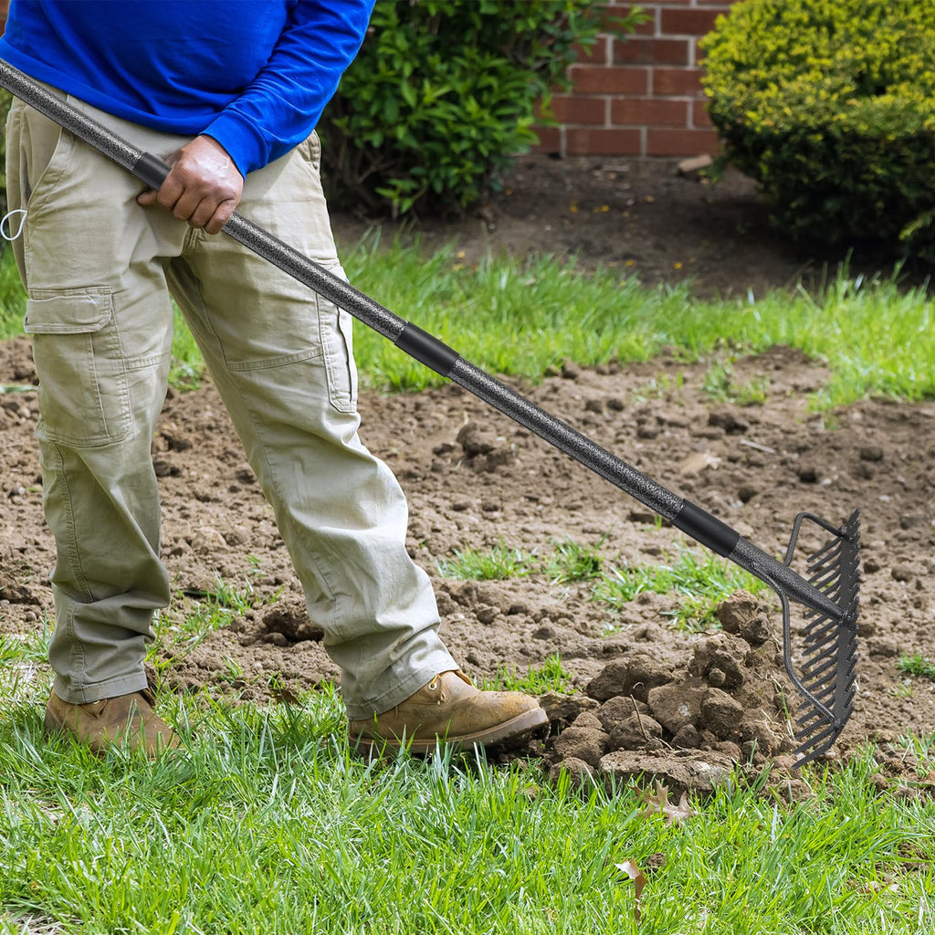 63'' Bow Rake ，17 Tines Metal Head Rakes with Stainless Steel Handle，Heavy Duty Garden Rake for Loosening Soil Gathering Leaf Leveling Lawn Farming Land Management Yarn Thatch Rake
