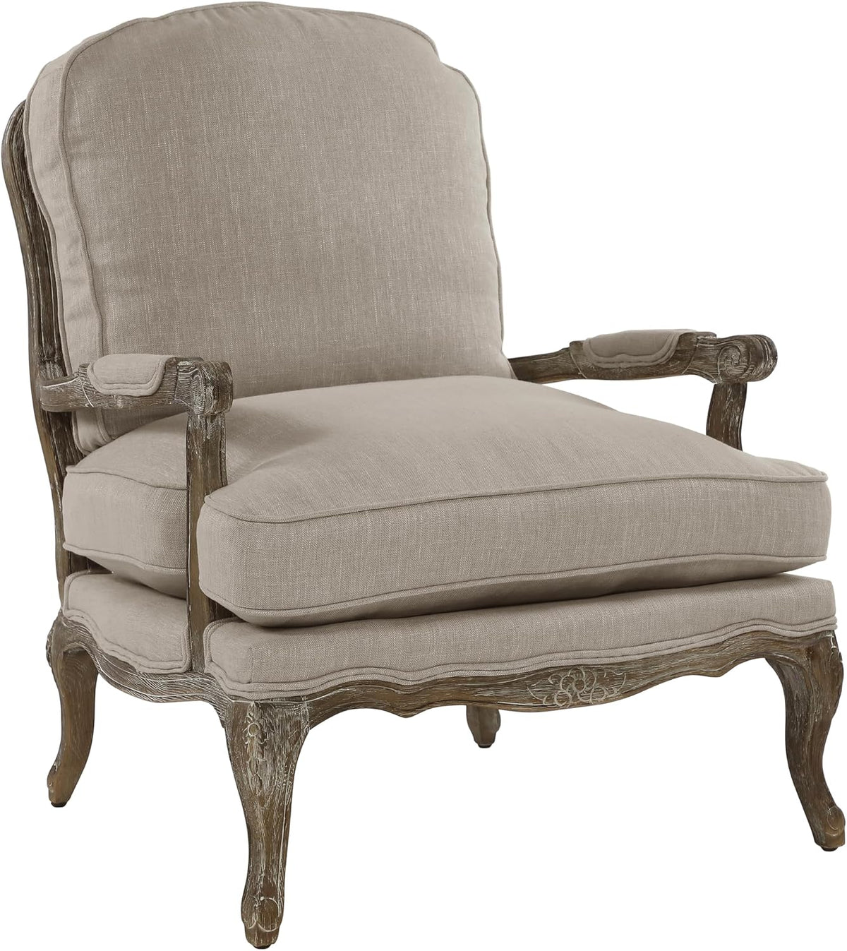 Lexicon French Country Wood Accent Chair, Carved Frame, Neutral | Living Room Chair with Carved Show Wood Frame, Cabriole Legs, Padded Arms, Reversible Cushion, Arrives Assembled