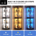 Glass Display Cabinet with Doors, 65" Tall 4-Tier Curio Display Case with 3 Color Lights and Human Body Sensor, Bookcase for Collectibles, Black