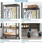 Heavy Duty Clothes Rack Rolling Garment Rack,Adjustable Wire Shelving Clothing Racks for Hanging Clothes with Hanger&Double Basket,Freestanding Metal Wardrobe Storage Portable Closet