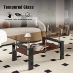 Brown Glass Coffee Table Sets of 3 for Living Room, 39" Mordern End Tables with Storage, Walnut Wooden Shelves & Black Metal Leg, Rectangle Center Table for Small Space Apartment