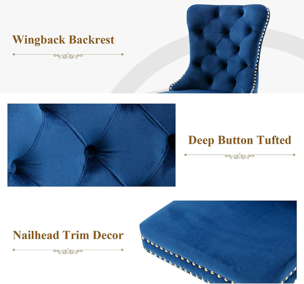 civama Dining Room Chairs Set of 4, Velvet Nikki Collection Dining Chair Upholstered Modern Tufted Kitchen Chair with Nailhead Back Pull Ring Golden Steel Legs, Blue