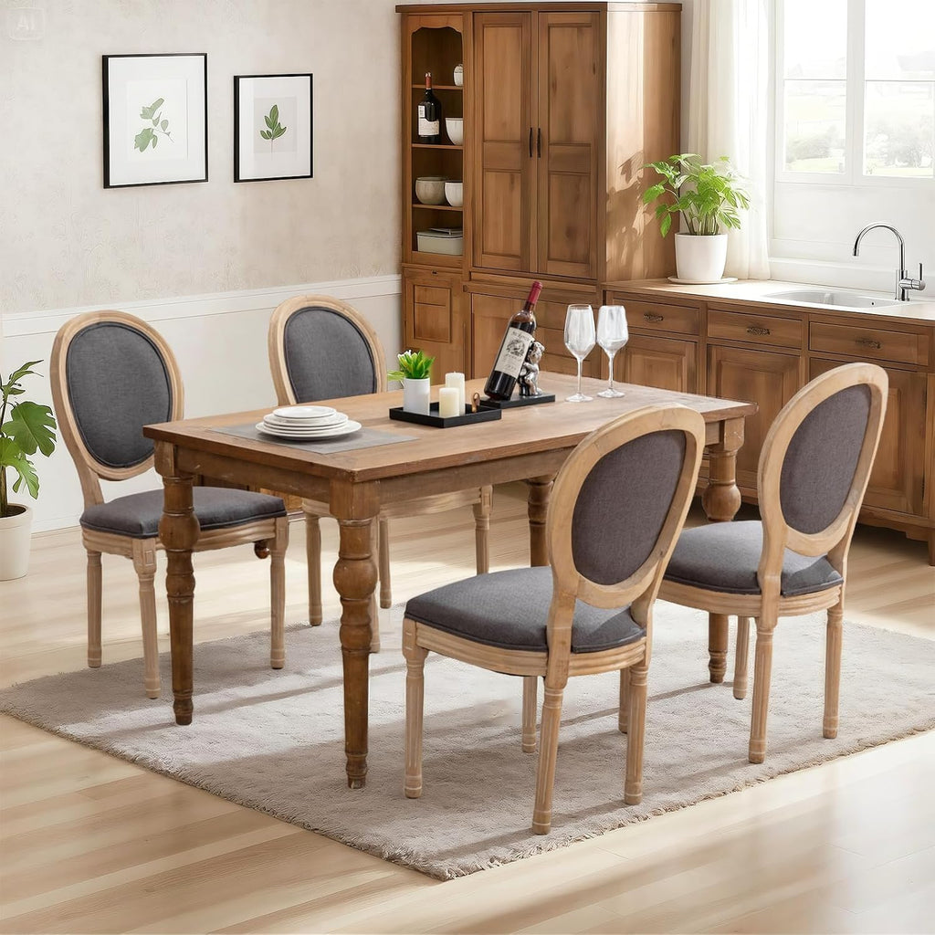 French Country Dining Chairs Set of 4, Upholstered Dining Room Chairs with Round Back, Solid Wood Legs, Oval Side Chairs for Kitchen,Bedroom,Dining Room,Restaurant(Dark Grey-Fabric)