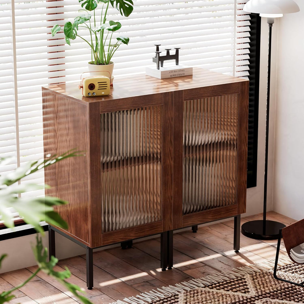 BVIUNTWO Glass Door Cabinet,2-in-1 Buffet Cabinet with Storage,32 Inch Farmhouse Console Table with Metal Base,Sideboard Coffee Bar Cabinet for Kitchen,Dining Room,Living Room,Brown
