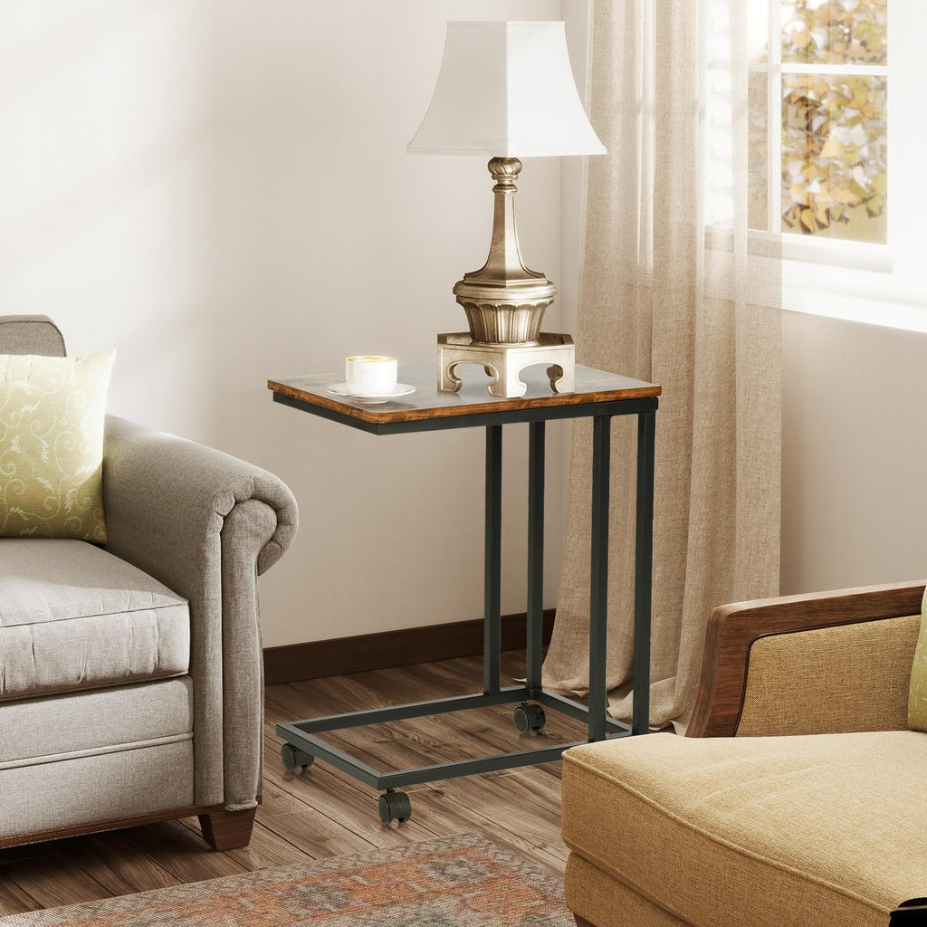 FurnitureR End Table C Shaped, Snack Side Table with Rolling Wheels for Sofa Couch and Bed, Portable, Easy Assembly, Metal Frame, Rustic Brown