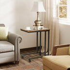 FurnitureR End Table C Shaped, Snack Side Table with Rolling Wheels for Sofa Couch and Bed, Portable, Easy Assembly, Metal Frame, Rustic Brown