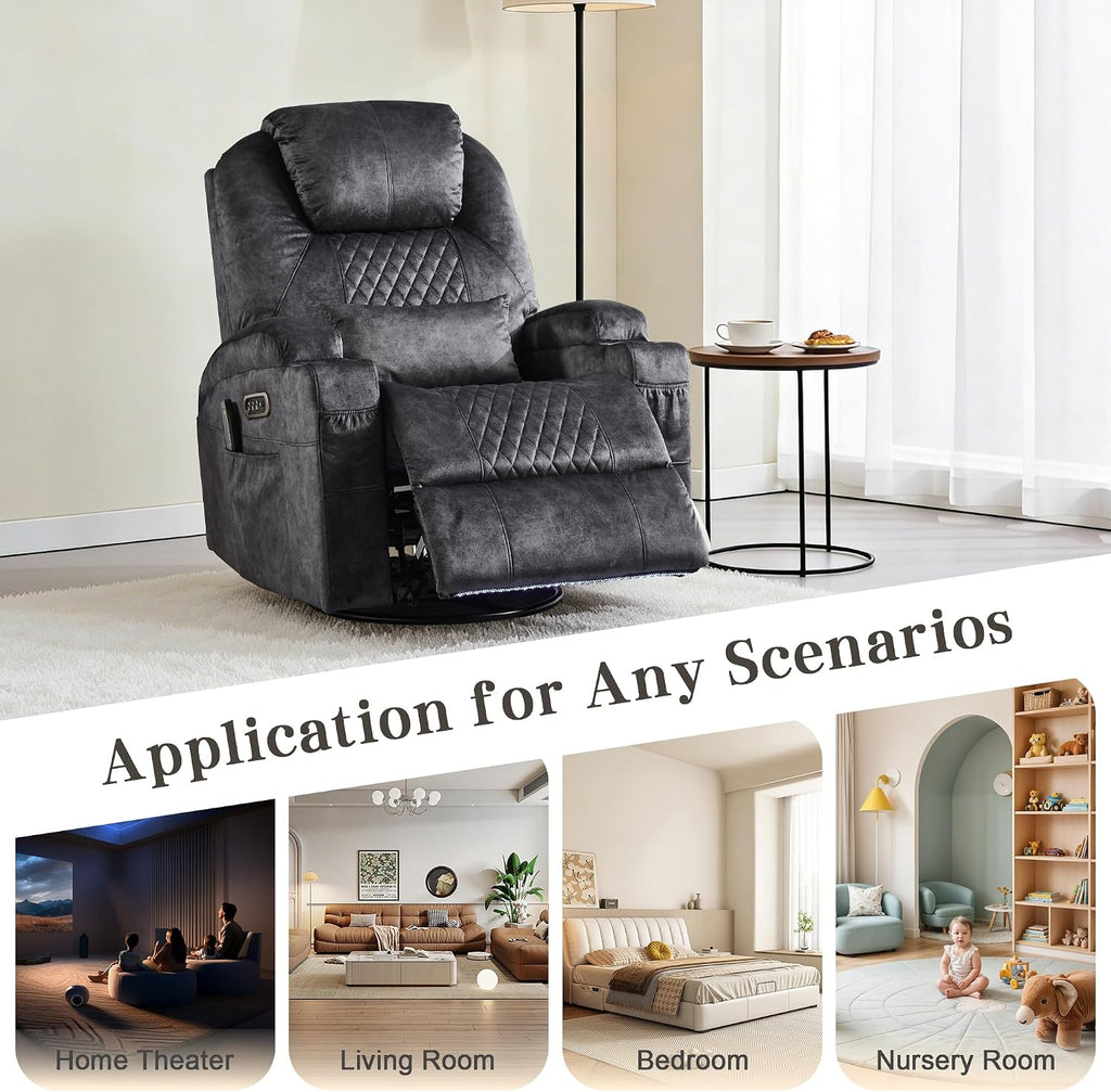 AHMED Dual Motor Power Swivel Rocker Recliner Chair, Velvet Grey | Electric Glider Rocking Chair, Massage & Heat, Cup Holders, LED Lights, USB A/USB C Ports