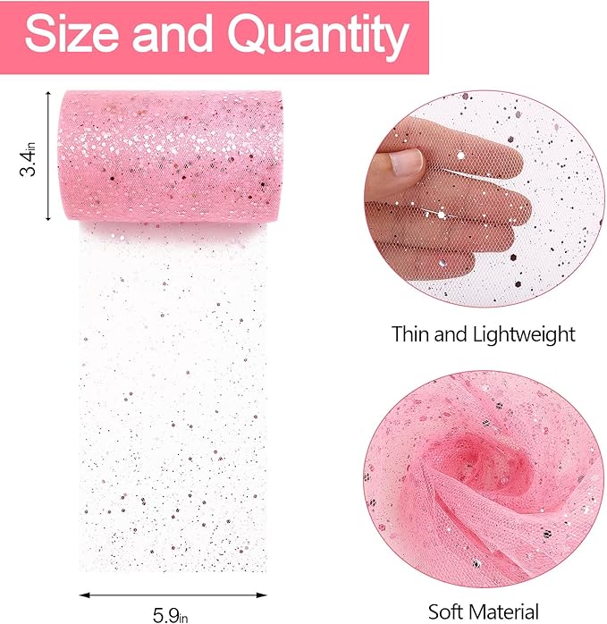Glitter Tulle Rolls, 6” by 50 Yards (150FT) Sparkling Tulle Spool Ribbon Sequin Tulle Netting Fabric for Tutu Skirt Wedding Birthday Baby Shower (Pink)