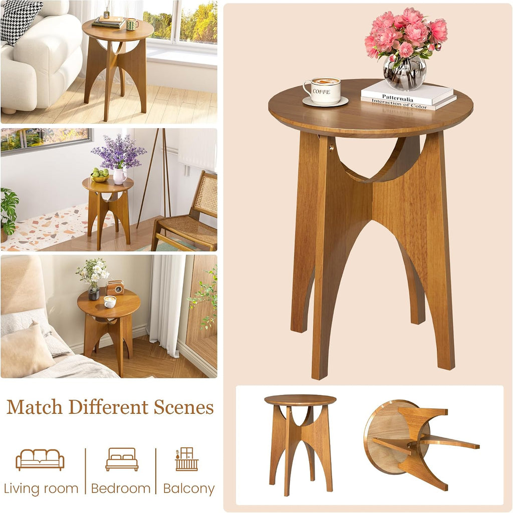 Round Side Table Living Room, Solid Wood End Table, Mid Century Modern Small Coffee Side Tables for Small Spaces, Farmhouse Accent Tables, Round Nightstand for Living Room, Bedroom Office, Walnut