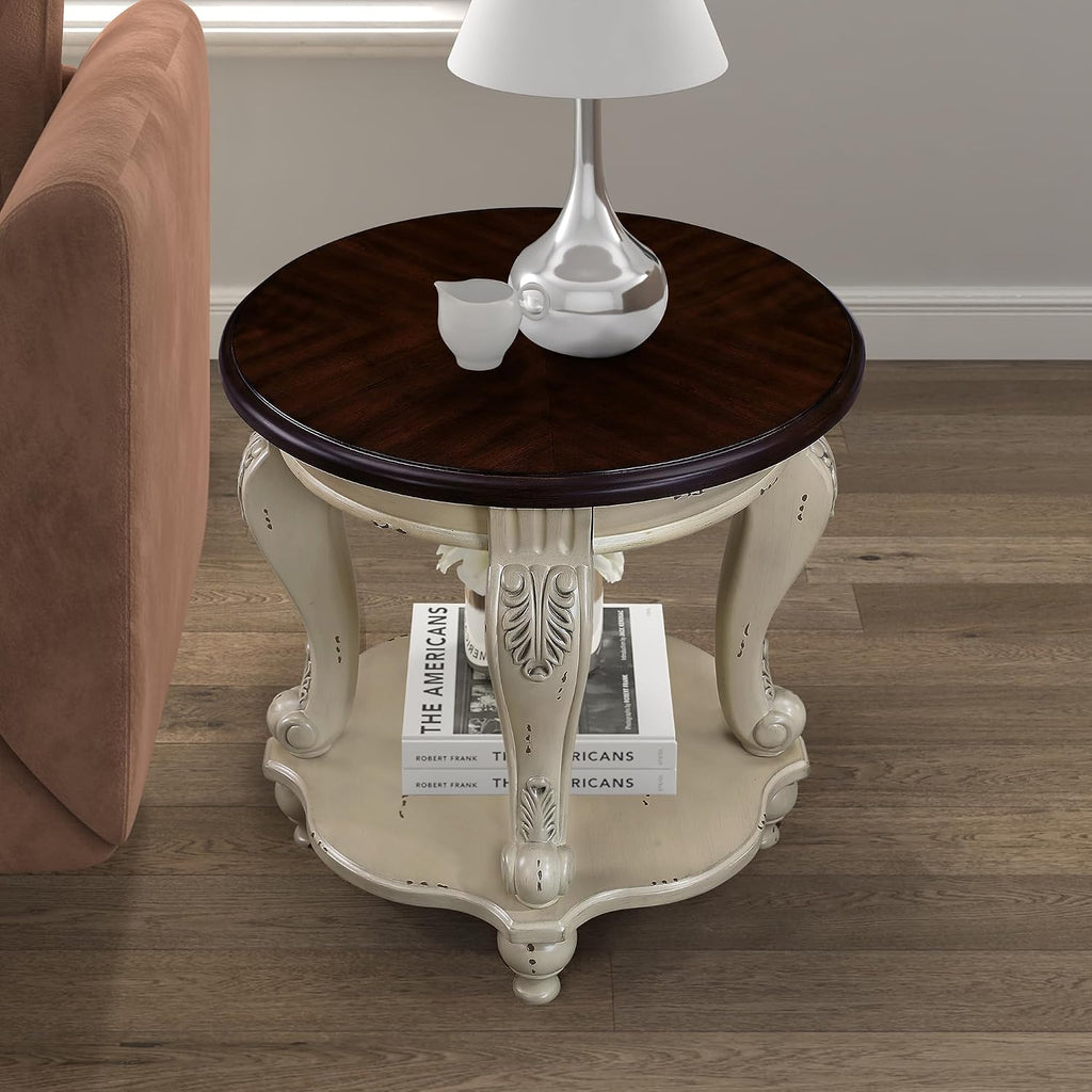P PURLOVE 22'' Two Tone Round End Table with Shelf for Living Room, Solid Wood Frame, Easy Assemble (Beige and Espresso)