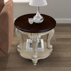 P PURLOVE 22'' Two Tone Round End Table with Shelf for Living Room, Solid Wood Frame, Easy Assemble (Beige and Espresso)