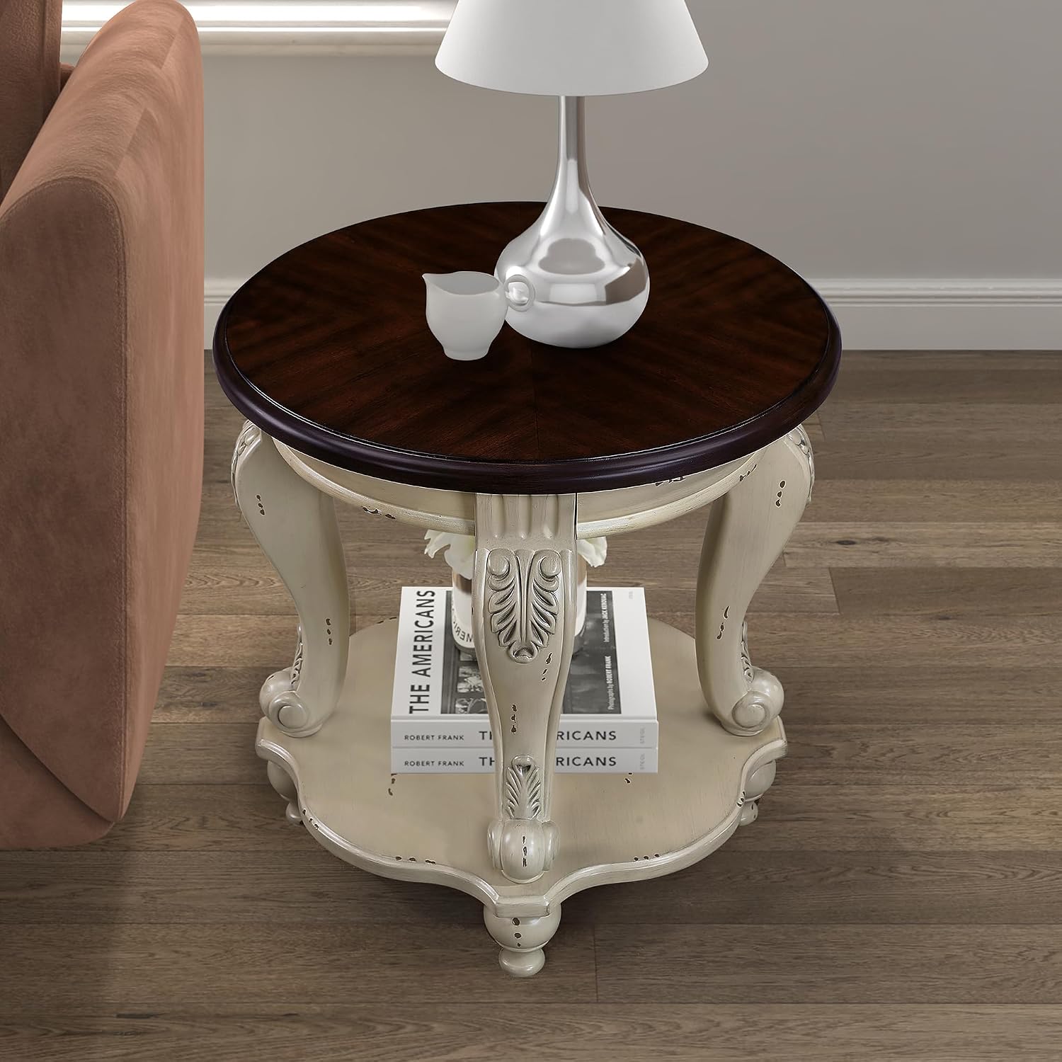 P PURLOVE 22'' Two Tone Round End Table with Shelf for Living Room, Solid Wood Frame, Easy Assemble (Beige and Espresso)