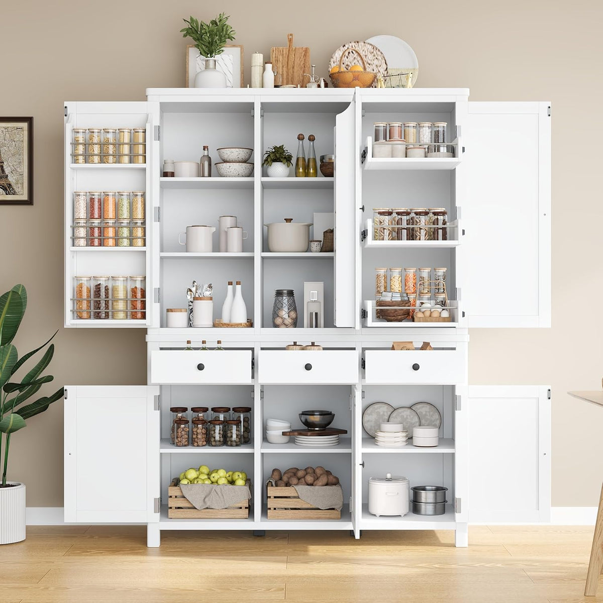 Farmhouse 74.8''H High Freestanding Kitchen Pantry,Large Cupboard Storage with Door Shelves,Adjustable Shelves, Pull-Out Trays and Drawers (White-A)