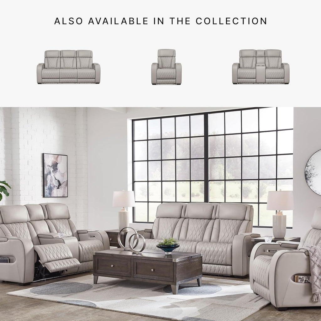 Signature Design by Ashley 3-Seat Power Reclining Sofa, Heat, Massage, Gray | Combination of leather and faux leather, Air massage, Heated seats, Drop-down table, Zero gravity, Boyington