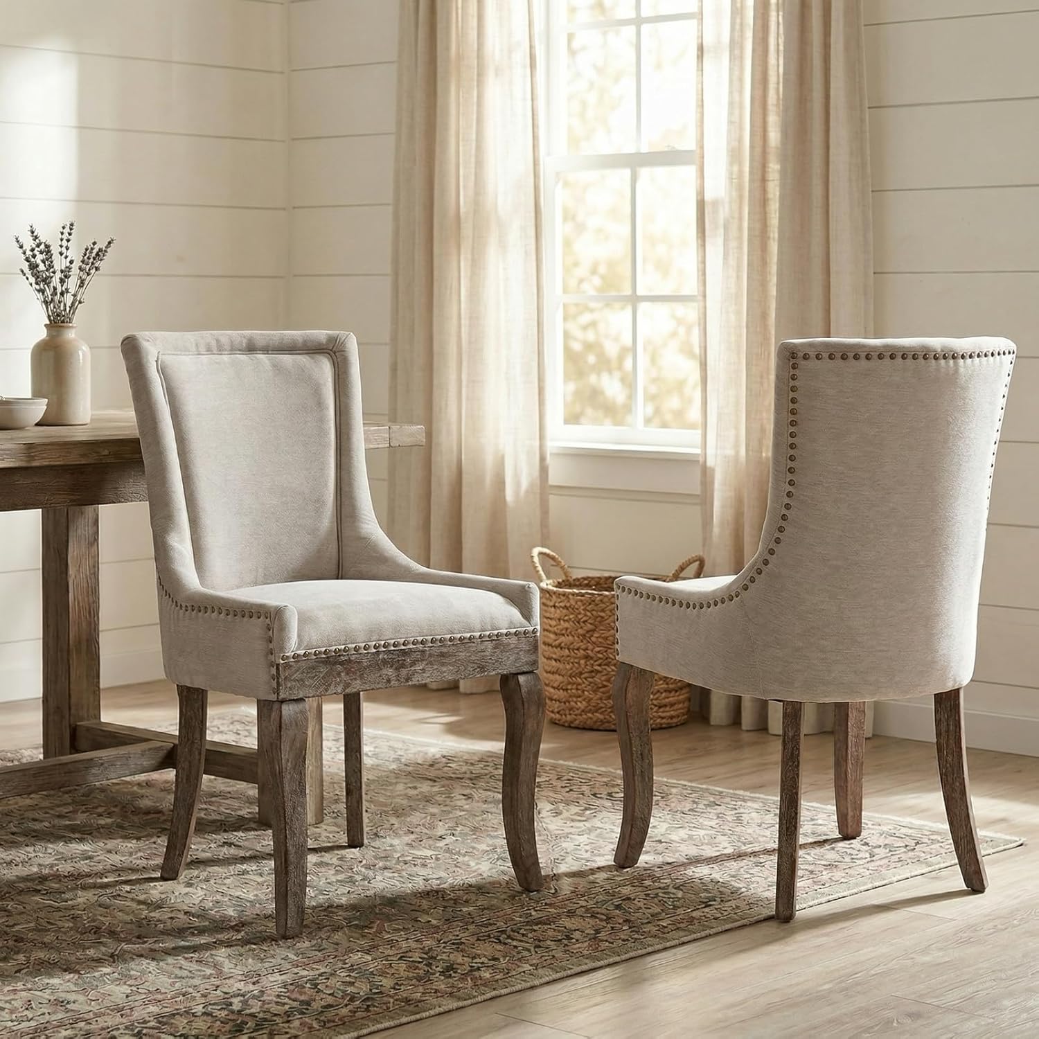 Upholstered Dining Chairs Set of 2, Beige Fabric Kitchen Chair with Nailhead Trim, Farmhouse High Back Kitchen & Dining Room Chairs, Solid Wood Legs, Sillas de Comedor (Beige, 2 Pcs)