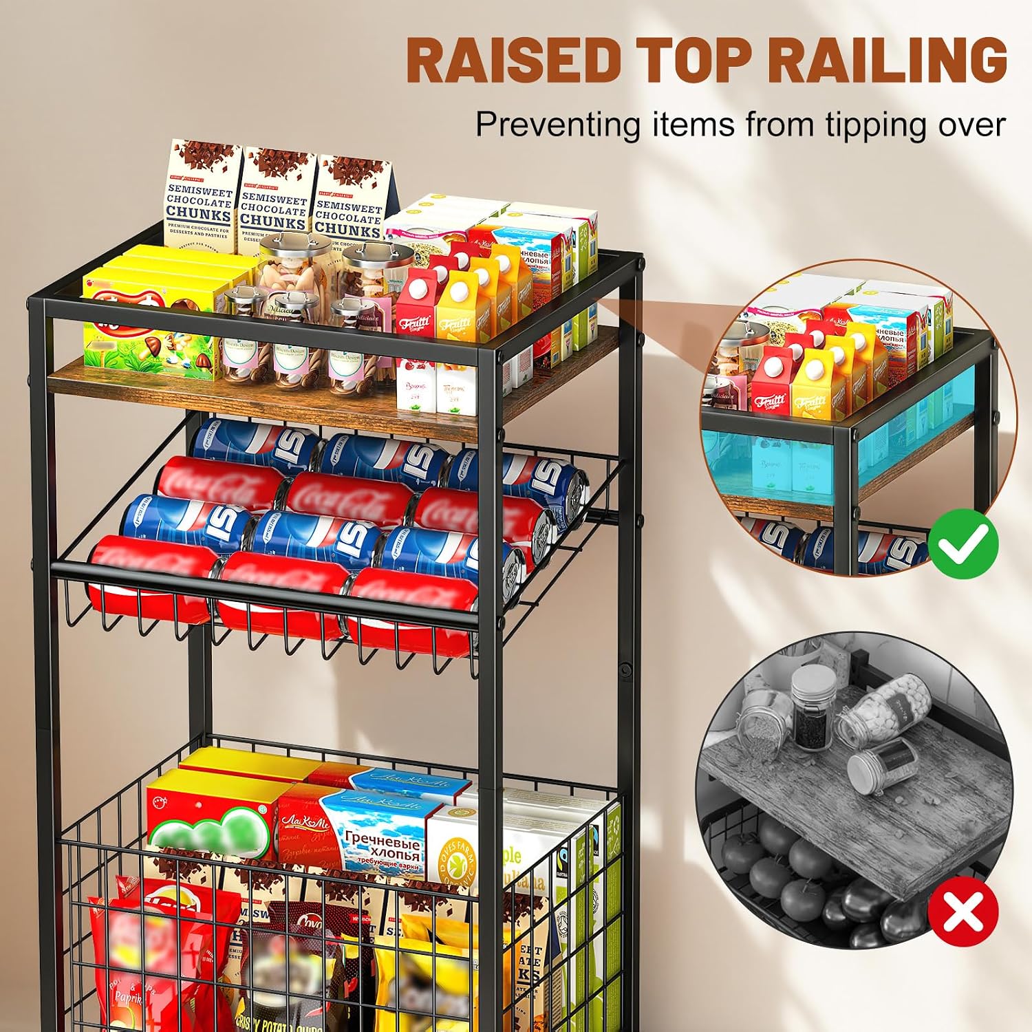 Fruit Vegetable Cart, 3-Tier Snack Kitchen Cart on Wheels & Wood Top, Utility Shelf Rack Organizer for Fruit, Vegetables, Potato, Snack, Brown