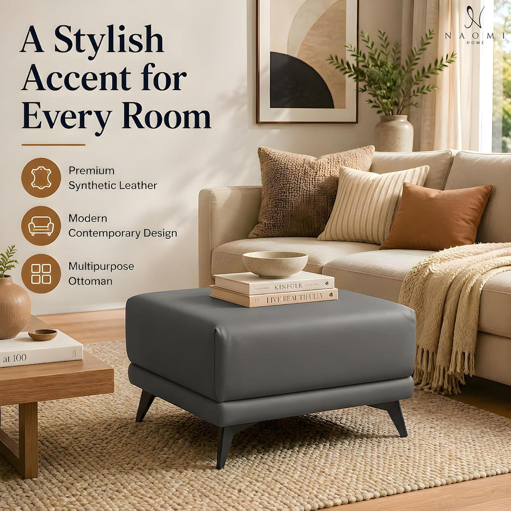 Naomi Home Dora 29.5" Square Ottoman | Synthetic Leather Footstool, Couch Footrest & Extra Seating for Living Room, Gray