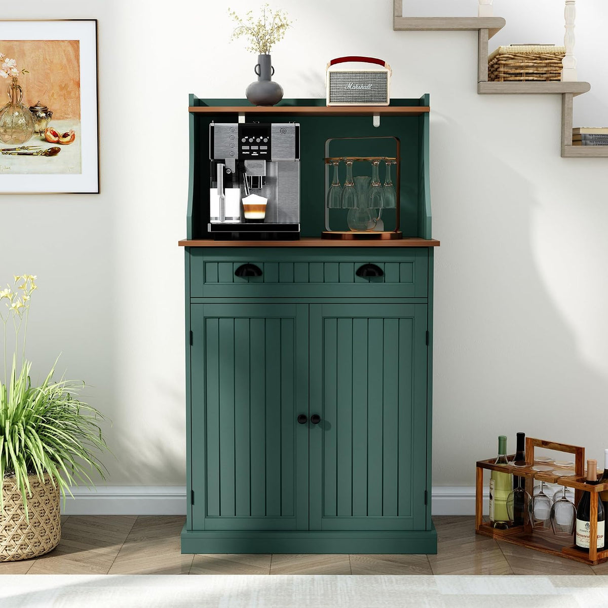 HOLTICO 54" Kitchen Pantry Storage Cabinet with Doors and Adjustable Shelves, Green Freestanding Microwave Cabinet with Drawer for Kitchen, Coffee Bar, Living Room