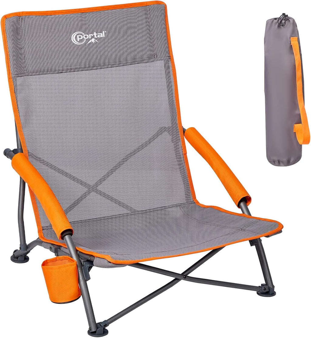 Portal Beach Chairs for Adults Camping Low Lightweight Portable Chair with Cup Holder Mesh Back Carry Bag for Outdoor Sand Lawn Travel Picnic Festival Concert