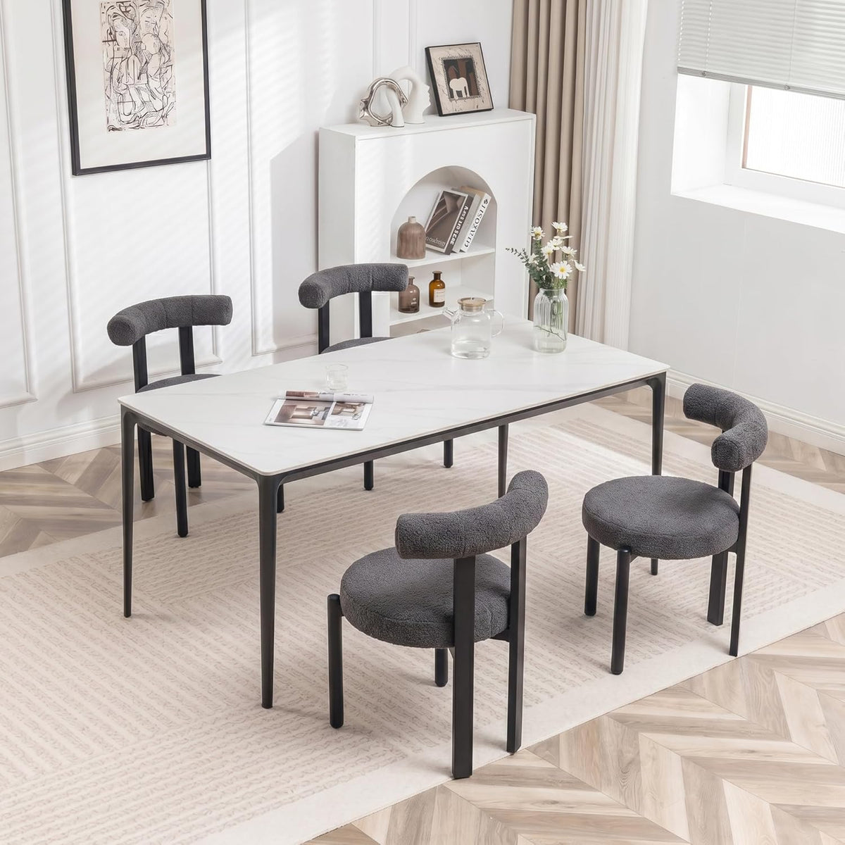 Boucle Dining Chairs Set of 4 Kitchen & Dining Room Chairs(Gray) | Mid Century Modern Upholstered Dining Chairs with Curved Backrest and Black Metal Legs