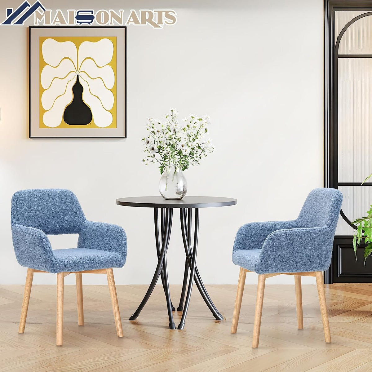 MAISON ARTS Mid Century Modern Dining Chairs with Arms Set of 2, Comfy Accent Chair with Solid Wood Legs Upholstered Kitchen Dining Room Chairs Lounge Chairs for Living Room Bedroom, Blue, 2pcs
