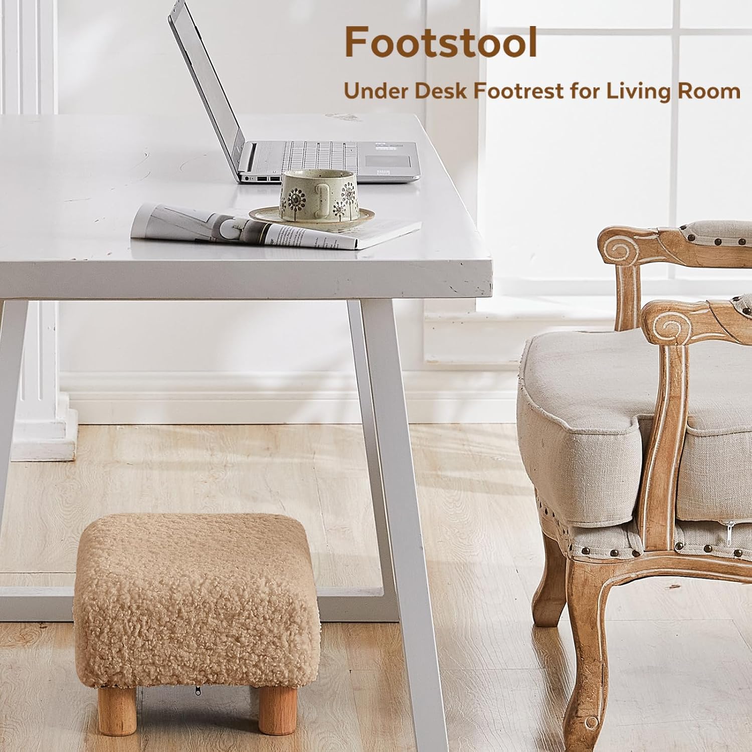 Small Foot Stool Ottoman, Sherpa Footstool Ottoman Foot Rest for Couch, Rectangle Footstools and Ottomans Small for Living Room, Entryway and Bedroom (Light Brown)