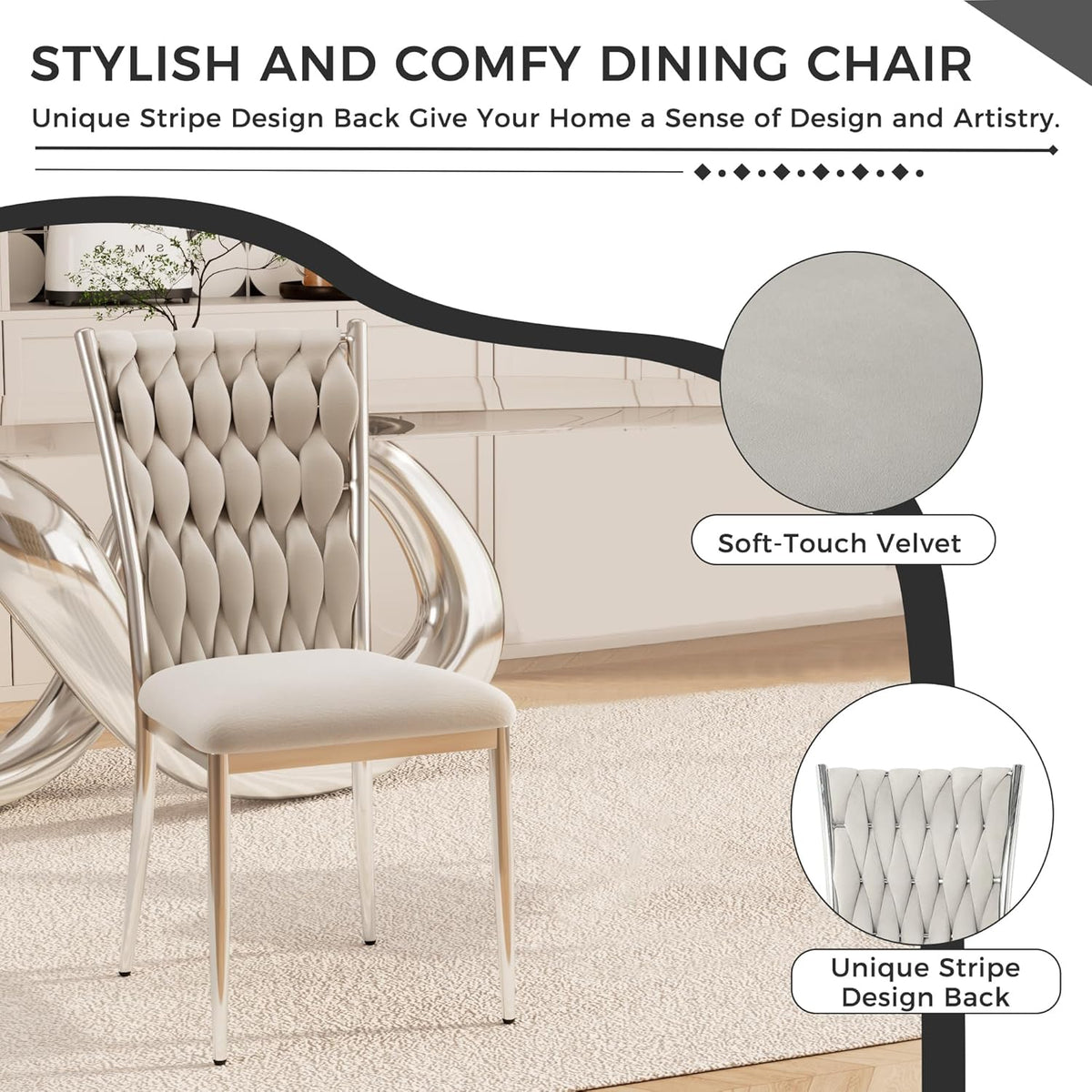 Velvet Dining Chairs Set of 6, Modern Woven Kitchen Chairs with Silver Metal Legs, Upholstered Cushion with High Back, Dirt Resistance, Easy to Install, for Living Room, Dining Room - Light Grey